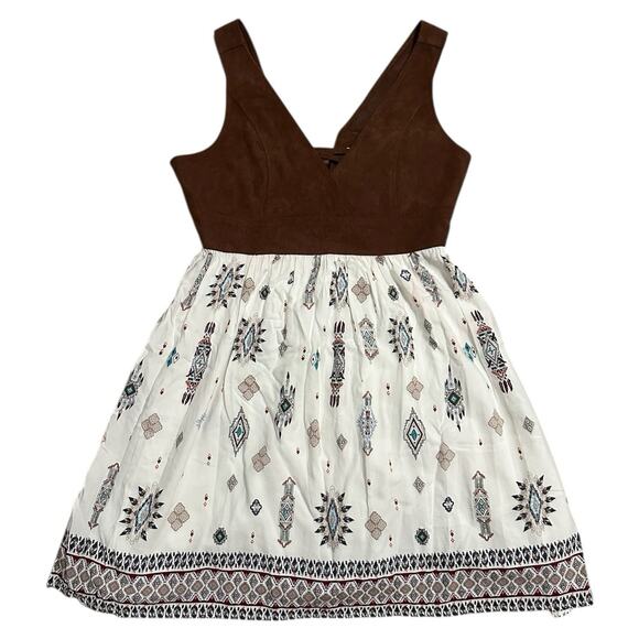 Shyanne Brown Suede Bodice Aztec Print Dress Women’s M Boho Western Cowgirl - Picture 1 of 8